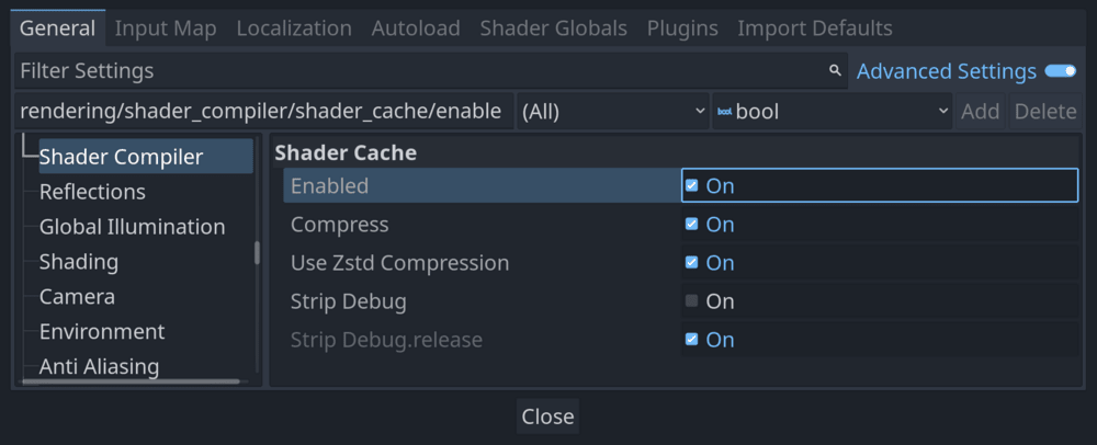 Shader cache project settings