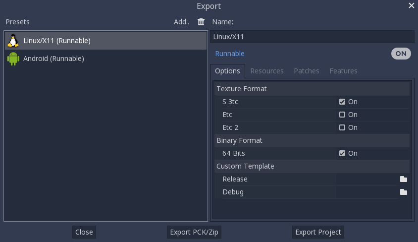 Configuration of export presets