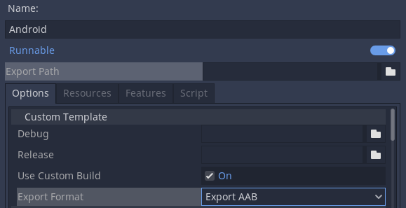 Android export dialog with AAB option