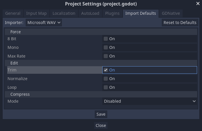 Import Defaultsconfiguration in the Project Settings