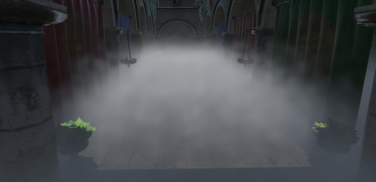 Fog density varied using an animated noise pattern in a fog shader