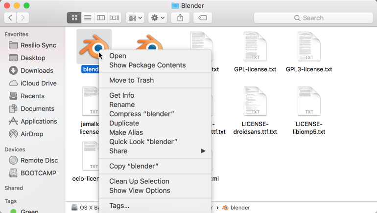 Showing package contents for Blender on macOS