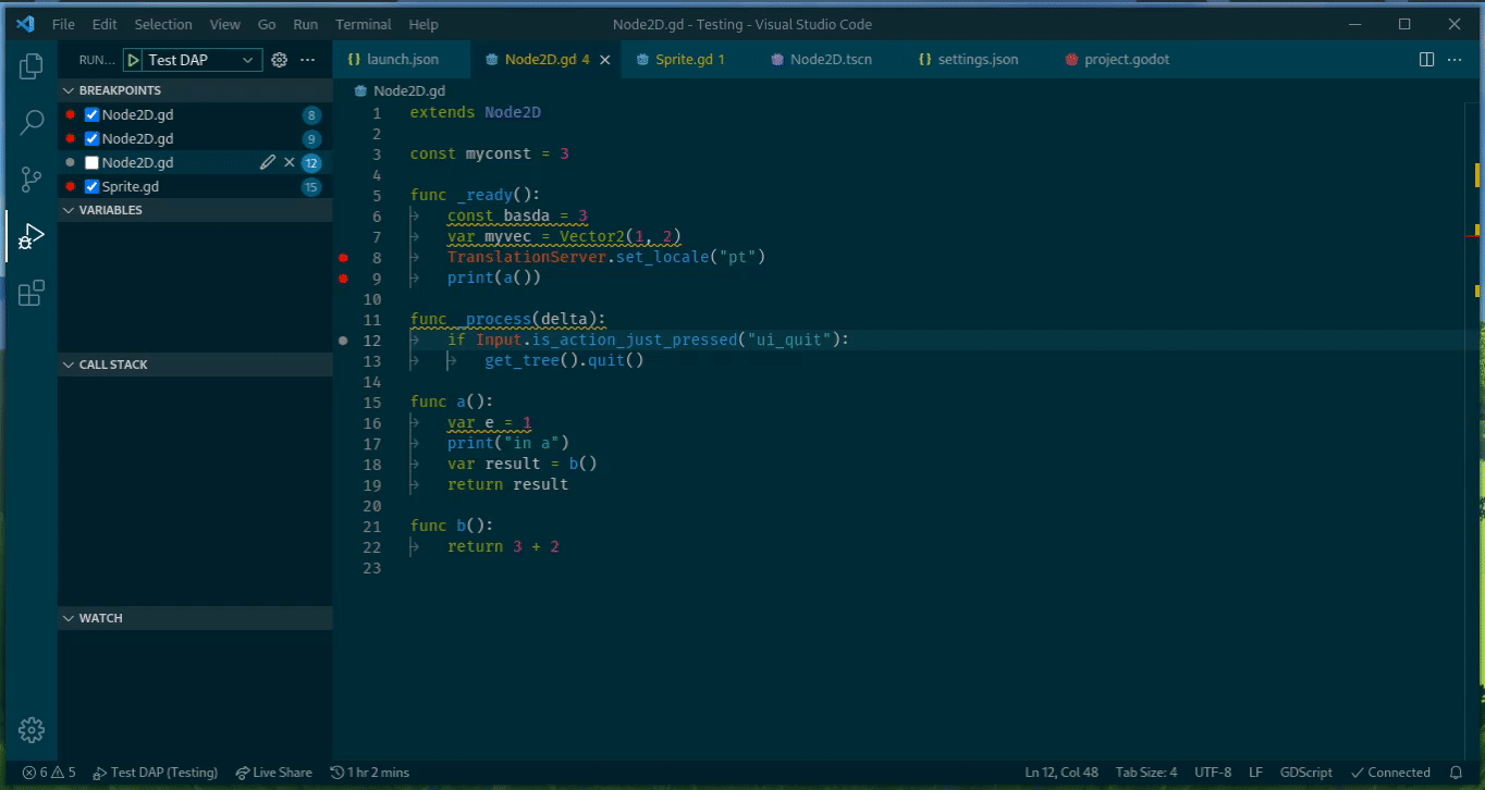 Demonstration of debugging a Godot project from VSCode