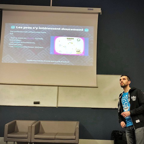 GDQuest giving the Godot 3 presentation at E-artsup Lyon, a game creation/art school