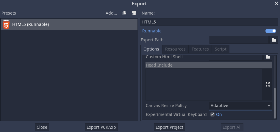 HTML5 Export Window