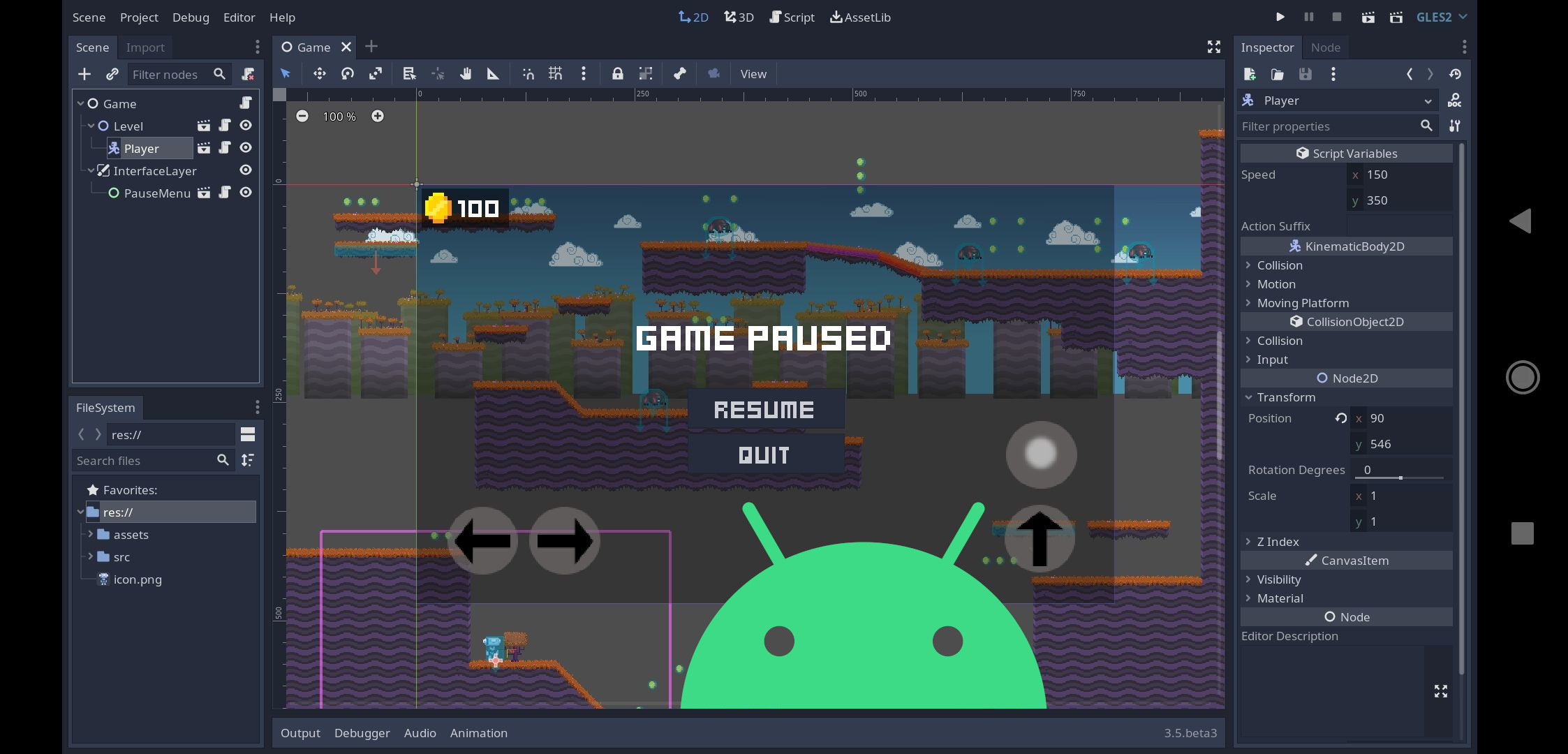 Godot editor running on an Android phone 