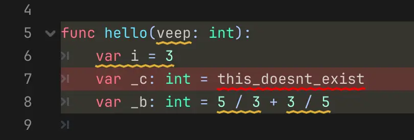 A showcase of the focused in-editor underlines for GDScript warnings/errors