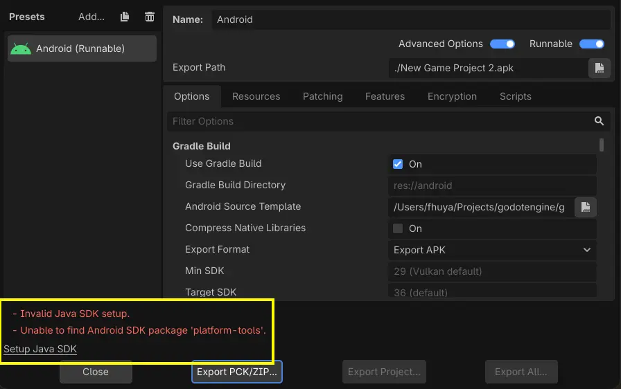 A showcase of accessing the AndroidSDKManager through Export Presets