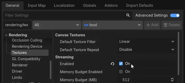 The location of the new project setting for texture streaming