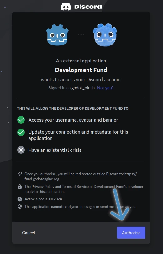 Screenshot of discord prompt asking for Authorization