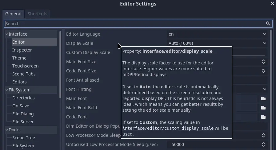 Editor Settings documentation tooltips