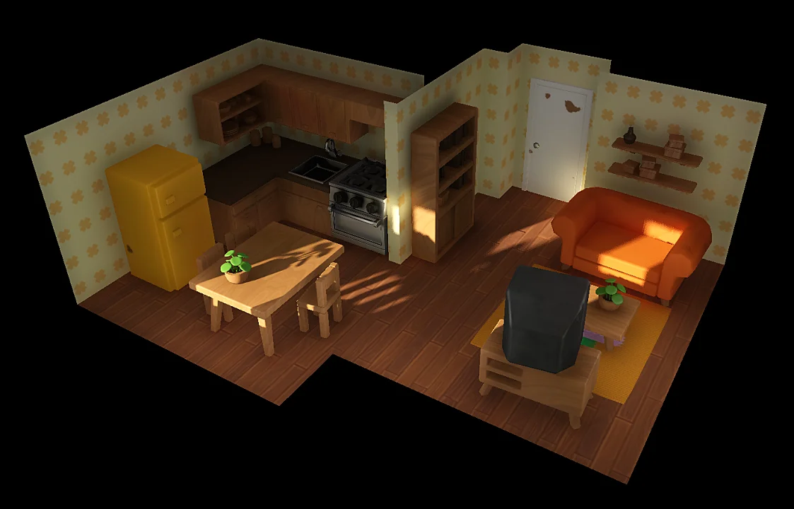 Interior of a tiny but well-lit apartment with only a living room and a kitchen
