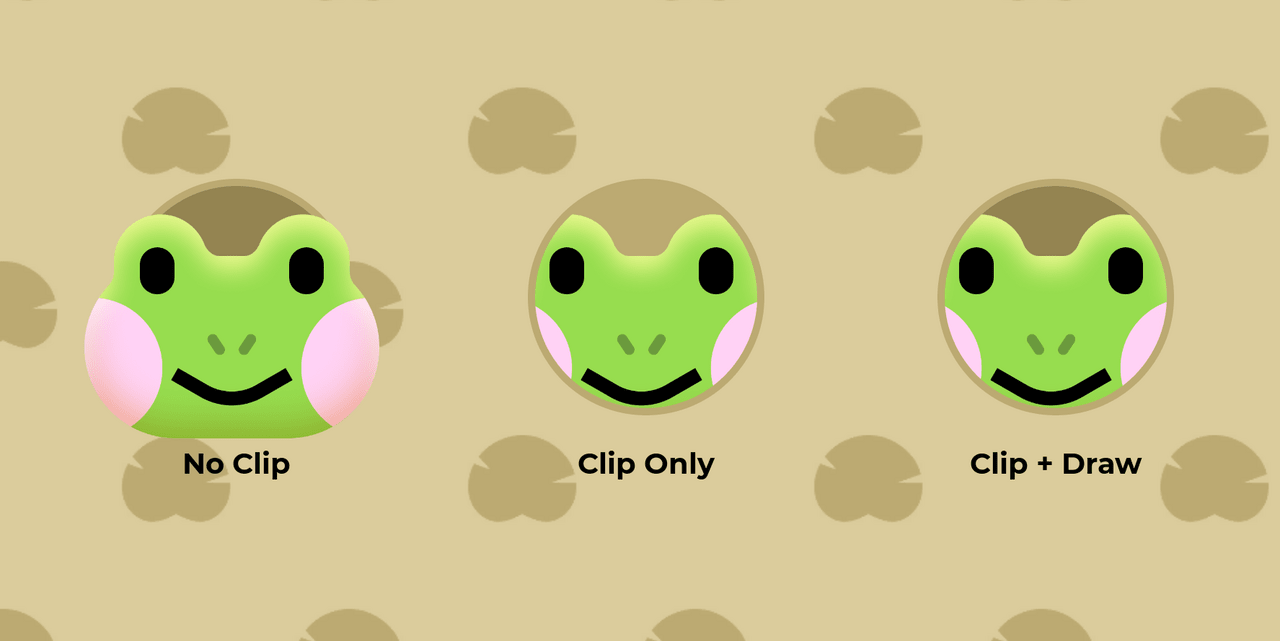 Three frog faces side-by-side, one over a circle, and two clipped inside a circle