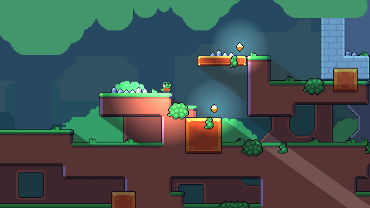 2d side-scrolling game forest level with a little crocodile character lit by a directional light