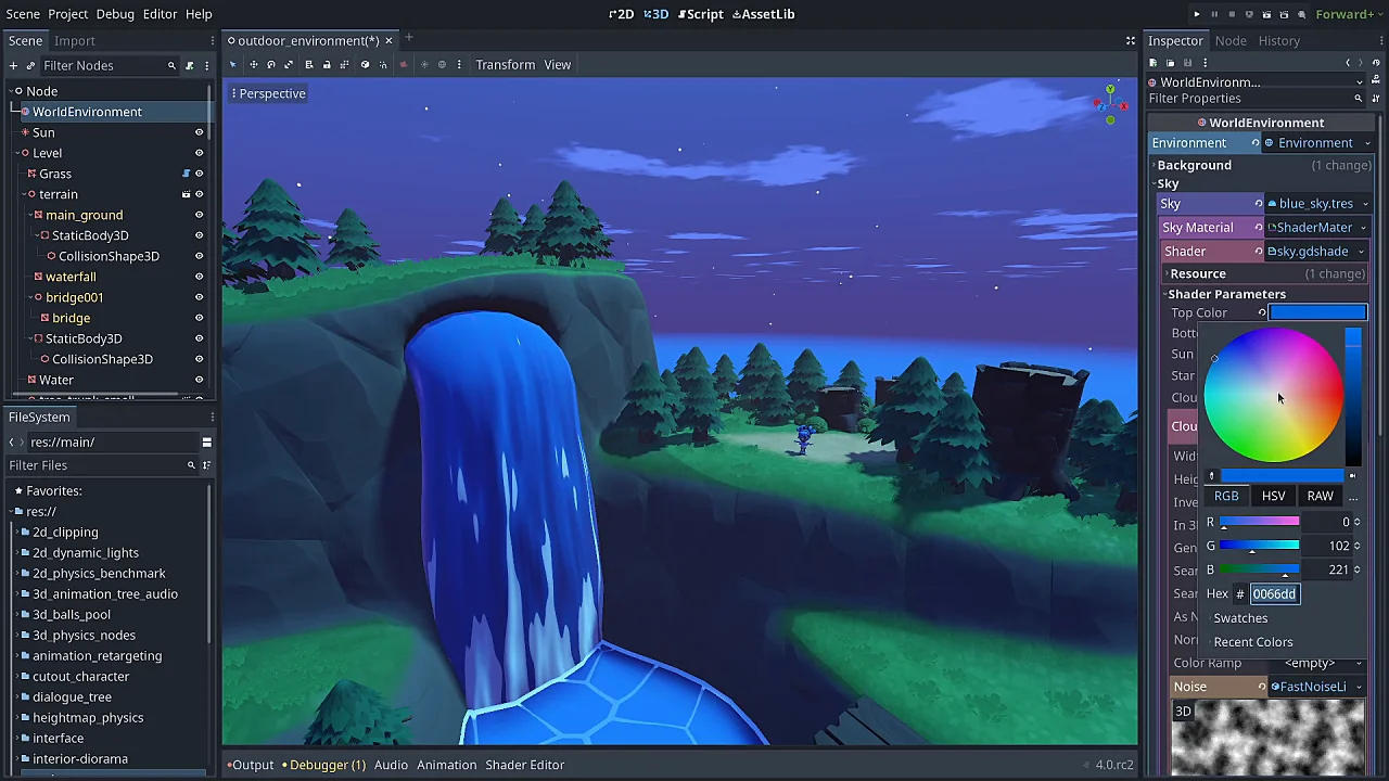 Starry night sky over an island. The Godot editor interface surrounds the scene, with a color picker open