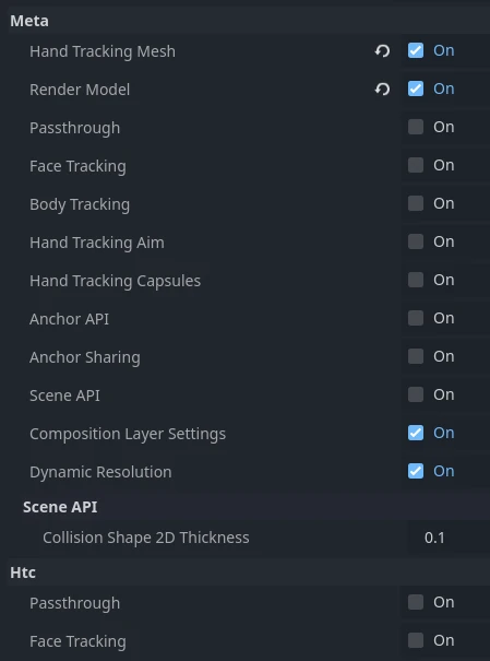 Project settings dialog with the OpenXR extensions added by this plugin
