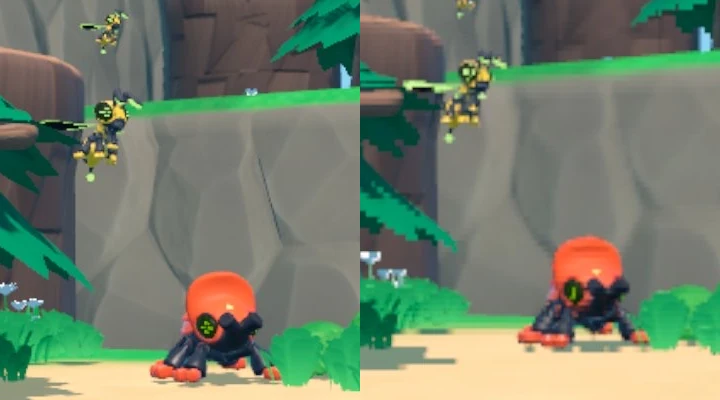 Side-by-side screenshot of normal resolution and dynamic resolution when load is high