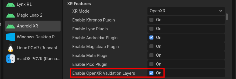 Enable OpenXR Validation Layers checkbox in export settings