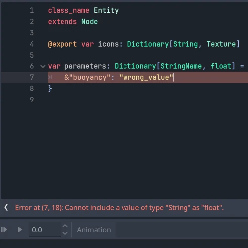 A simple GDScript file showing two typed dictionary declarations: one valid export, and another simple variable declaration that isn't correctly initialized. The parser detects that the dictionary expects `StringName` as keys and `float` as values, but a string was supplied as a value instead.