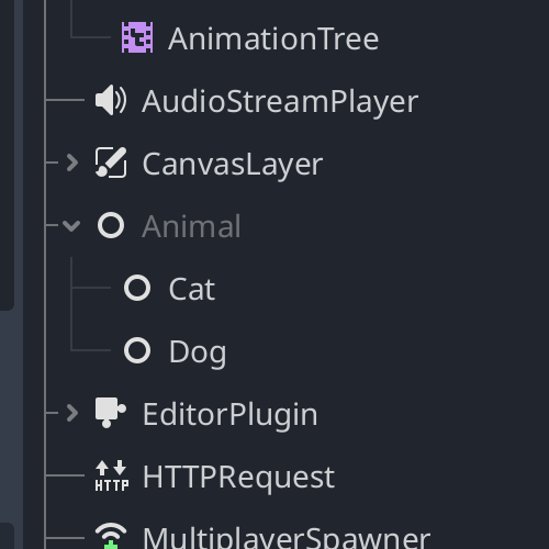Image of the Add Node window displaying the dimmed out abstract Animal node, and its two extending classes Cat and Dog.