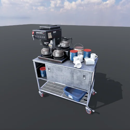 Scene with bent normals of a coffee machine on an industrial drawer with cups and coffee cans around.