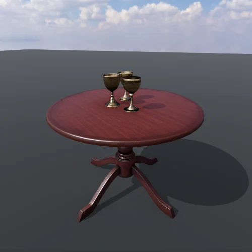 Scene with bent normals of a table with medieval metallic cups on top.