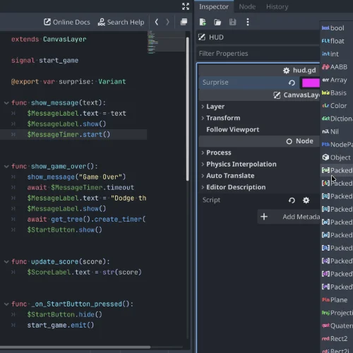 Godot Editor with an exported variable as Variant.