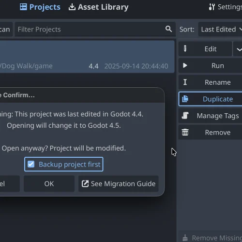 Screenshot of the project manager with the duplicate button highlighted and the upgrade tool popup.