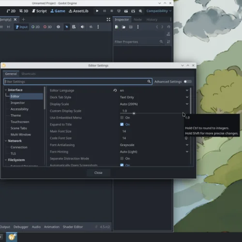 Godot Editor running on KDE Plasma 6.4 displaying multiple Wayland sub-windows (i.e. the editor settings window and a hover pop-up)